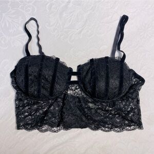 Lulu’s Velvet Trim Longline Lace Bra Underwire Small Black Sexy Lingerie